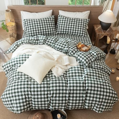MooMee Gingham Duvet Cover Set 100% Washed Cotton Linen Like