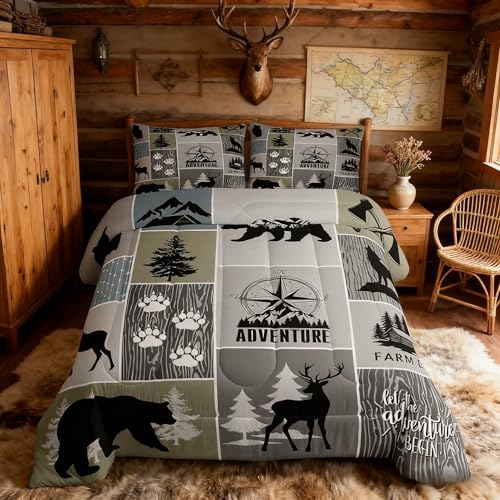 Rustic Farmhouse Cabin Kids Comforter Set King Size,Deer Bear Hunting Adventure Bedding Set for Boys Girls Adults Room Decor,Geometric Plaids Down Comforter,Gray Green Duvet Insert,2 Pillowcases