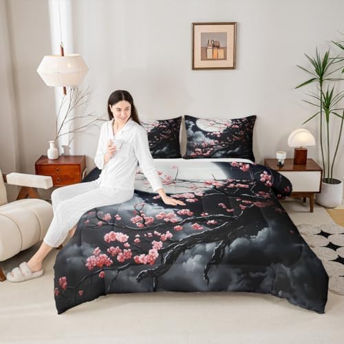 Pink Sakura Kids Comforter Set Twin Size,Cherry Blossom Moonlight Cloud Moon Bedding Set,Girls Boys Room Decor,Ukiyoe Japanese Romantic Quilt Comforter,Vintage Chic Duvet Insert,1 Pillowcase