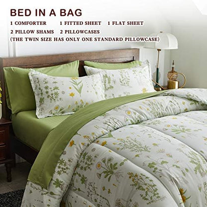 Joyreap 6 Piece Bed in a Bag Twin, Green Leaves Yellow Flower Botanical Design, Smooth Soft Microfiber Comforter Set (1 Comforter, 2 Pillow Shams, 1 Flat Sheet, 1 Fitted Sheet, 1 Pillowcase)