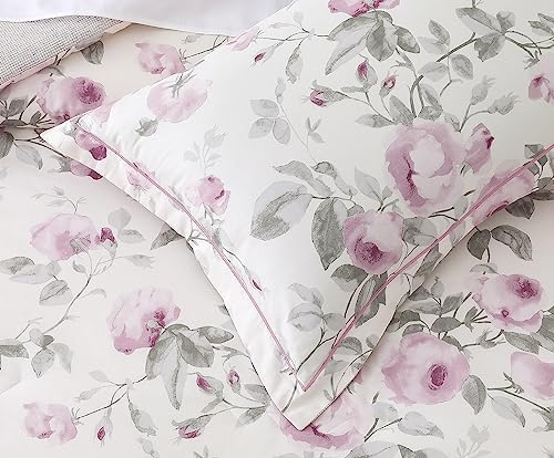 SLEEPBELLA Comforter Queen Size, 600 Thread Count Cotton White Print with Purple Flowers Reversible Comforter Sets, Down Alternative Bedding Set 3Pcs(Queen, Purple Floral)