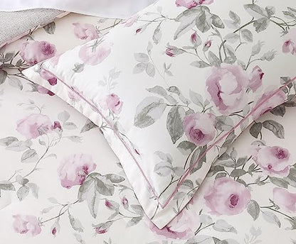 SLEEPBELLA Comforter Queen Size, 600 Thread Count Cotton White Print with Purple Flowers Reversible Comforter Sets, Down Alternative Bedding Set 3Pcs(Queen, Purple Floral)
