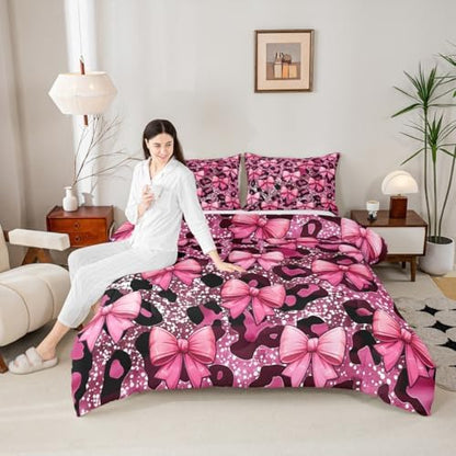 jejeloiu Bowknot Comforter Set Toddler Size Leopard Bedding Set for Kids Boys Girls Bow-tie Duvet Quilt Cheetah Bedroom Decor Microfiber 2 Pcs with 1 Pillow Cases