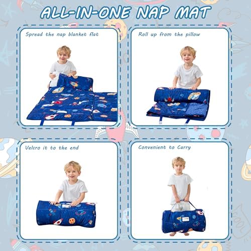 Lasoftan Toddler Nap Mat with Pillow and Blanket, Extra Large Rolled Napping Mats,Slumber Bags for Boys Girls,Kids Sleeping Bag for Daycare, Preschool Travel Camping