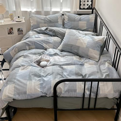 mixinni Twin XL Comforter Set Soft Aesthetic Blue Geometric Checkered Plaid Printed Bedding Comforter for Men Boys, 1 Soft Microfiber Reversible Comforter with 2 Pillowcases for All Seasons