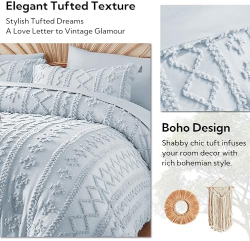 MR&HM 7 Pieces Comforter Set Full, Tufted Boho Farmhouse Bed Set Dusty Blue