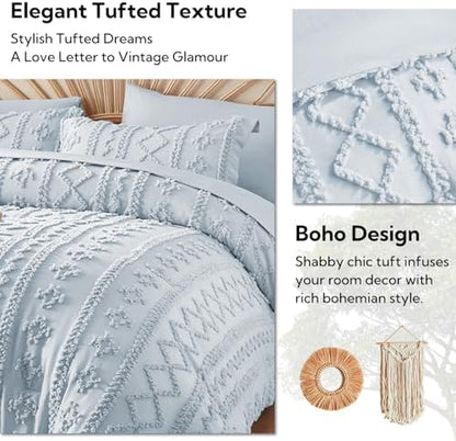 MR&HM 7 Pieces Comforter Set Full, Tufted Boho Farmhouse Bed Set Dusty Blue