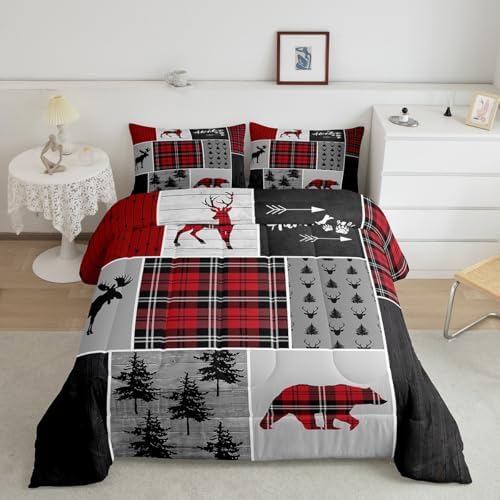 Deer Antlers Bear Kids Comforter Set King Size,Plaids Boho Arrows Patchwork Bedding Set for Boys Girls Adults Room Decor,Rustic Adventure Xmas Down Comforter,Red Retro Duvet Insert,2 Pillowcases