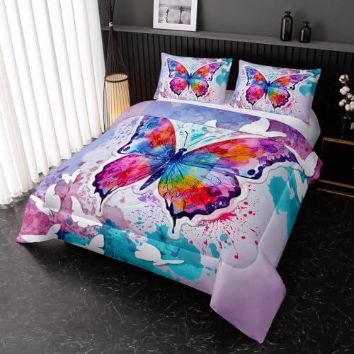 Nttopship Colorful Butterfly Comforter Set, 3-Piece Full Size for Girls Teens, Purple Blue Butterfly, Full Bedding Set, 1 Comforter + 2 Pillowcases