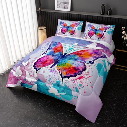 Nttopship Colorful Butterfly Comforter Set Twin Size for Girls Teens, Butterfly Comforter Set 3-Pieces Bed in a Bag 3D Colorful Butterfly Twin Bedding Set,1 Comforter and 2 Pillowcases