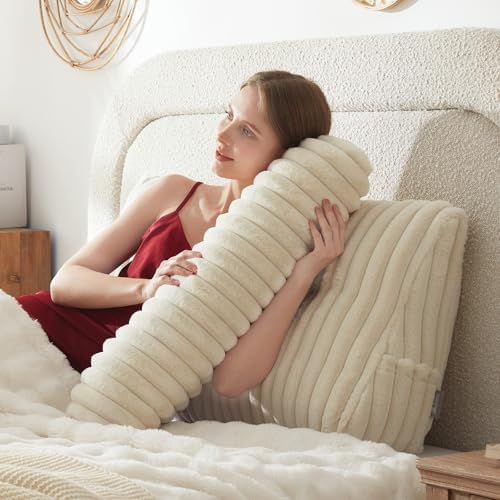 Headboard Pillow + A Long Neck Roll Pillow Body Pillow，Faux Fur Headboard Wedge Pillow with Removable Cover (Beige, Twin：39x8x20 inches)