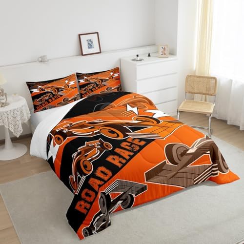 Erosebridal Race Car Comforter Sets for Boys Queen Race Cars Bedding Set,Cool Sports Car Bedroom Set for Boys Girls Kids Racing Car Bed Set,Black Orange Gamer Bedding Sets Car Room Decor 3Pcs