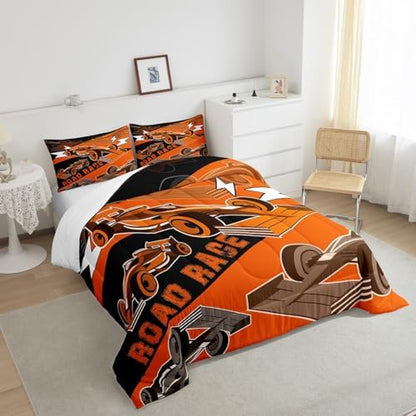 Erosebridal Race Car Comforter Sets for Boys Queen Race Cars Bedding Set,Cool Sports Car Bedroom Set for Boys Girls Kids Racing Car Bed Set,Black Orange Gamer Bedding Sets Car Room Decor 3Pcs