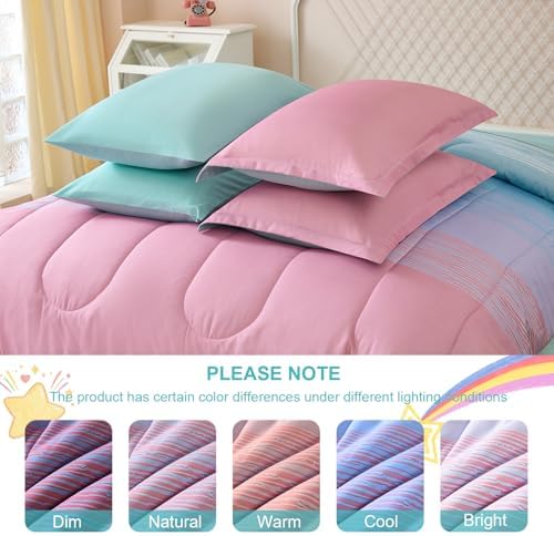 Dinjoy Girls Comforter Set Twin Size 5 Pieces Bed in A Bag Colorful Ombre Pink Green Rainbow Bedding Set for Kids Teen (1 Comforter, 1 Flat Sheet, 1 Fitted Sheet, 1 Pillow sham, 1 Pillowcases)