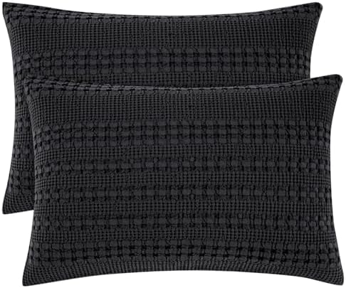 PHF Cotton Waffle Pillow Shams Standard Size 20" x 26", Black, No Insert