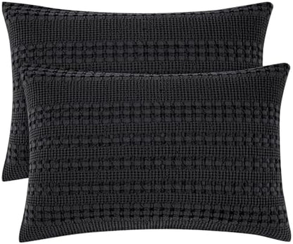 PHF Cotton Waffle Pillow Shams Standard Size 20" x 26", Black, No Insert