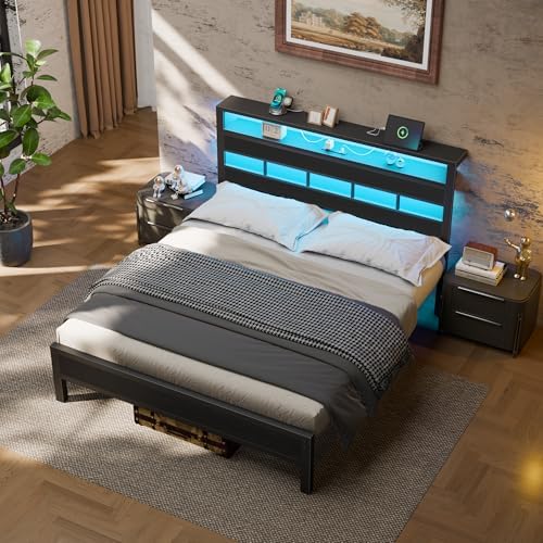 Furnulem Queen Bed Frame with Storage Headboard and LED Lights, Black Oak