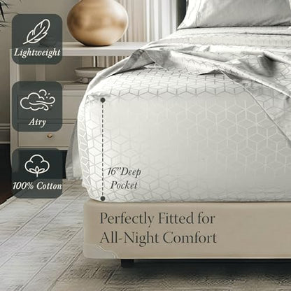 Threadmill 400TC Egyptian Cotton Queen Sheet Set, Damask, Light Grey