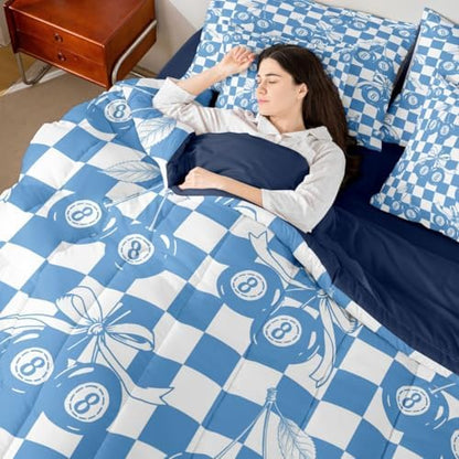 Erosebridal Blue Cheery Bow King Bedding Set 7 Piece for Boys Girls Y2K Trendy Lucky 8 Ball Comforter Set for Kids Teen Adults,Preppy Fashion Checkered Geometric Bed in A Bag Funky Y2K Bed Set