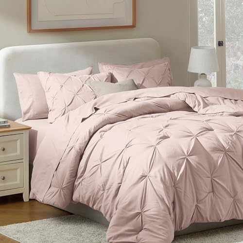 Nestl 9 Piece King Comforter Set – Blush Pink Pinch Pleated Bed in a Bag – Complete King Size Bedding Set with Sheets, Set of 2 Cooling Pillows, Pillowcases and Shams