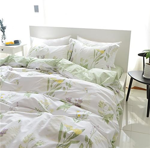 FADFAY Duvet Cover Set Full Shabby Green Daisy and Lavender Flowers Botanical Comforter Cover 100% Cotton with Hidden Zipper Closure 3-Piece, 1 Duvet Cover & 2 Pillowcases Full Size