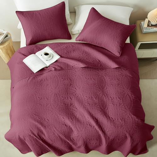 akkialla Burgundy Full/Queen Quilt Set, Ultrasonic Lightweight Bedspread Coverlet for Modern Minimalist Bedroom, Soft Microfiber Coin Pattern Bedding, 3-Piece (1 Quilt, 2 Pillow Shams)