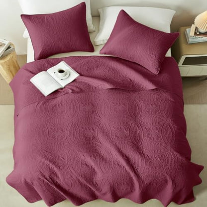 akkialla Burgundy Full/Queen Quilt Set, Ultrasonic Lightweight Bedspread Coverlet for Modern Minimalist Bedroom, Soft Microfiber Coin Pattern Bedding, 3-Piece (1 Quilt, 2 Pillow Shams)