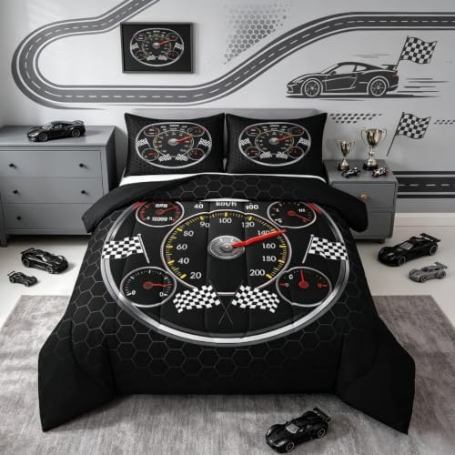 Feelyou Speed Sports Car Bedding Set Soft for Boys Girls, Steering Wheel Comforter Set Queen Size Racing Duvet Quilt Microfiber Extreme Sports Bedroom Decor Automobile 3 Pcs with 2 Pillow Cases
