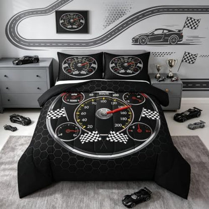 Feelyou Speed Sports Car Bedding Set Soft for Boys Girls, Steering Wheel Comforter Set Queen Size Racing Duvet Quilt Microfiber Extreme Sports Bedroom Decor Automobile 3 Pcs with 2 Pillow Cases