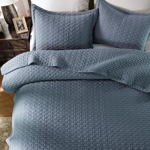 WDCOZY Dusty Blue Twin Size Quilt Set, Geometric Box Lightweight Bedspread, Soft Farmhouse Rustic Coverlet, Spring Summer Thin Comforter, Country Bedding, 68x90 inches