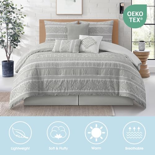 LANCO MODERN LIFESTYLE 7 Piece King Comforter Set, Grey, Elegant Jacquard with Patchwork, Stylish and Cozy Bedding Collection, Premium Bedding Set with Bedskirt, Shams and Pillows