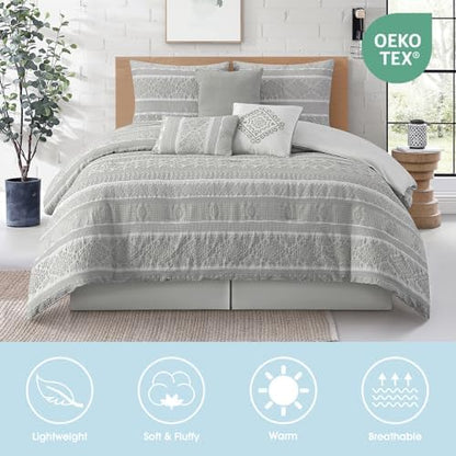 LANCO MODERN LIFESTYLE 7 Piece King Comforter Set, Grey, Elegant Jacquard with Patchwork, Stylish and Cozy Bedding Collection, Premium Bedding Set with Bedskirt, Shams and Pillows