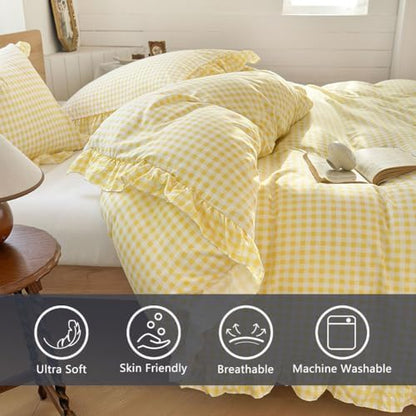 NSNLGSGC Yellow Gingham Ruffle Queen Duvet Cover