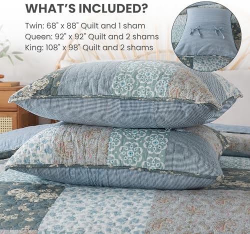 SLPR - Wildflowers Blue Floral Patchwork Cotton Quilt Set, Queen, 2 Shams