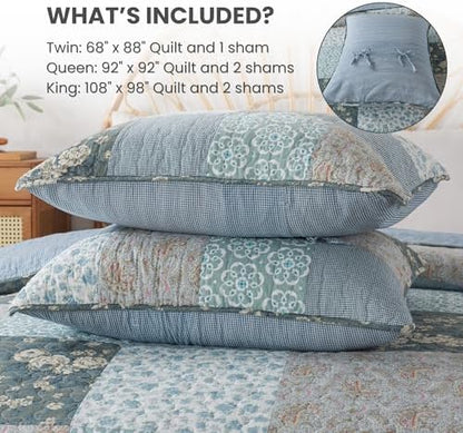 SLPR - Wildflowers Blue Floral Patchwork Cotton Quilt Set, Queen, 2 Shams