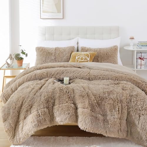 Smoofy Fluffy Full Size Comforter Set, Khaki Faux Fur Comforter Set 3 Pcs