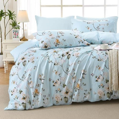 MUXHOMO Ceiba Blue Bed in a Bag Queen 7 Pieces, Queen Comforter Set Reversible Botanical Flowers Design, Ultra Soft & Breathable Bedding Sets with Comforter, Sheets, Pillowcases & Shams