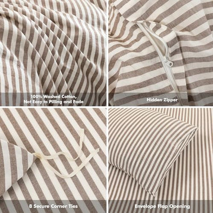 FOSSA Striped Duvet Cover Set 100% Washed Cotton Linen Feel Twin
