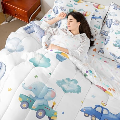 Erosebridal Colorful Hot Air Balloon Queen 7 Pcs Bedding Set, Cute Airplane Aircraft Comforter Set with Sheets for Boys Kids Adults Girls, Cartoon Car Lovely Heart Bed in A Bag, Star Print Bed Sets