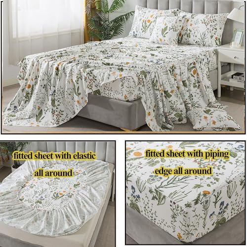 FADFAY 100% Egyptian Cotton Sheets Queen Botanical Printed Floral Sheets Yellow Flowers & Leaves Pattern Farmhouse Bedding Soft and Breathable French Country Bedding 4Pcs Deep Pocket Queen Sheet Set
