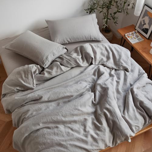 Sijo Stone Washed Organic French Linen Bed Sheet Set, GOTS Certified Organic, Best Cooling Linen Sheet Award by Sleep Foundation, 4 Piece - 2 Pillowcases, 1 Fitted and 1 Flat (Dove, Cal King)