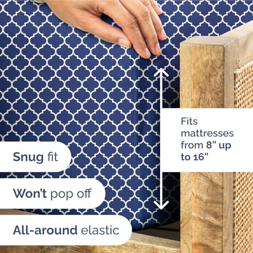 Queen 4 Piece Striped Sheet Set - Breathable & Cooling - Navy Quatrefoil