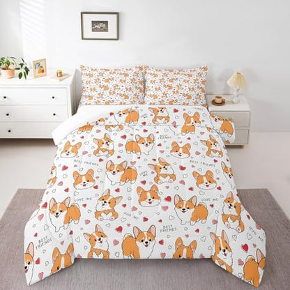 Feelyou Kids Kawaii Corgi Comforter Set Toddler Cute Dog All Season Down Comforter Boys Girls Cartoon Puppy Dog Bedding Set Lovely Animal Quilt Set Room Decor 2Pcs with 1 Pillow Case Twin Size