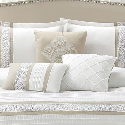 LANCO MODERN LIFESTYLE 7 Piece Comforter Set, Taupe White, Queen Size, Boho Style Geometric Microfiber Embroidery, Bed in a Bag with Bedskirt, Pillow Shams and Decor Pillows