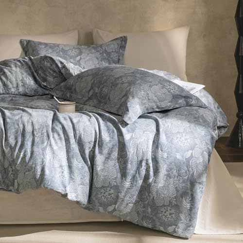 VM VOUGEMARKET Jacquard Grey Floral Duvet Cover Set King,Yarn-Dyed Cotton Duvet Cover with Zipper Closure Perfect for Men and Women