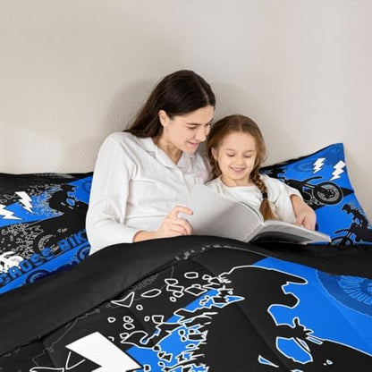 Erosebridal Boys Dirt Bike Comforter Set King Kids Motocross Bedding Set Dirtbike Bedroom Decor for Boys Men Adult,Rider Motorcycle Bed Set Cool Extreme Sports Bedding Sets 3Pcs,Blue Black
