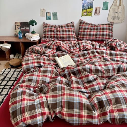 LifeTB Vintage Buffalo Plaid Comforter Set Twin XL, 3 Pieces Red Brown Grid Checkered Comforter with 2 Pillowcases, Breathable Soft Farmhouse Grid Pattern Printed Plaid Gingham Bedding Comforter Set