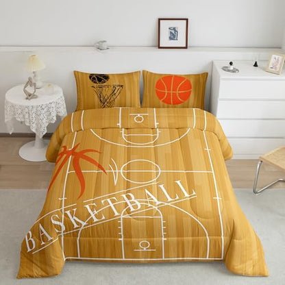 Erosebridal Basketball Bedding King for Boys Kids Sports Comforter Set, Basketball Court Duvet Insert Brown Down Comforter, Ball Game Gaming Gamer Bedding Comforter Sets (1 Comforter + 2 Pillowcase)