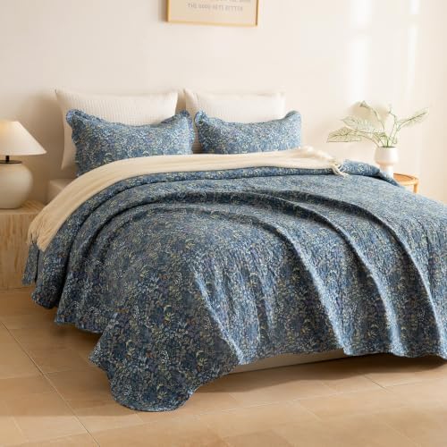 Lady Ann 100% Cotton Queen Quilt, Navy Blue Floral Botanical Pattern Printed Queen Bedding Sets, 3 Pcs Vintage Lightweight Quilted Coverlet Ultra Soft Bedspread Set for All Season