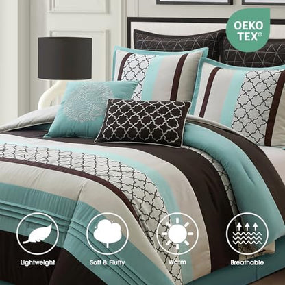 LANCO MODERN LIFESTYLE California King Comforter Set, Aqua Brown Bedding Set, Jacquard Woven with Embroidery, 8 Pieces Bed in a Bag, Bed Skirt, Shams and Decorative Pillows